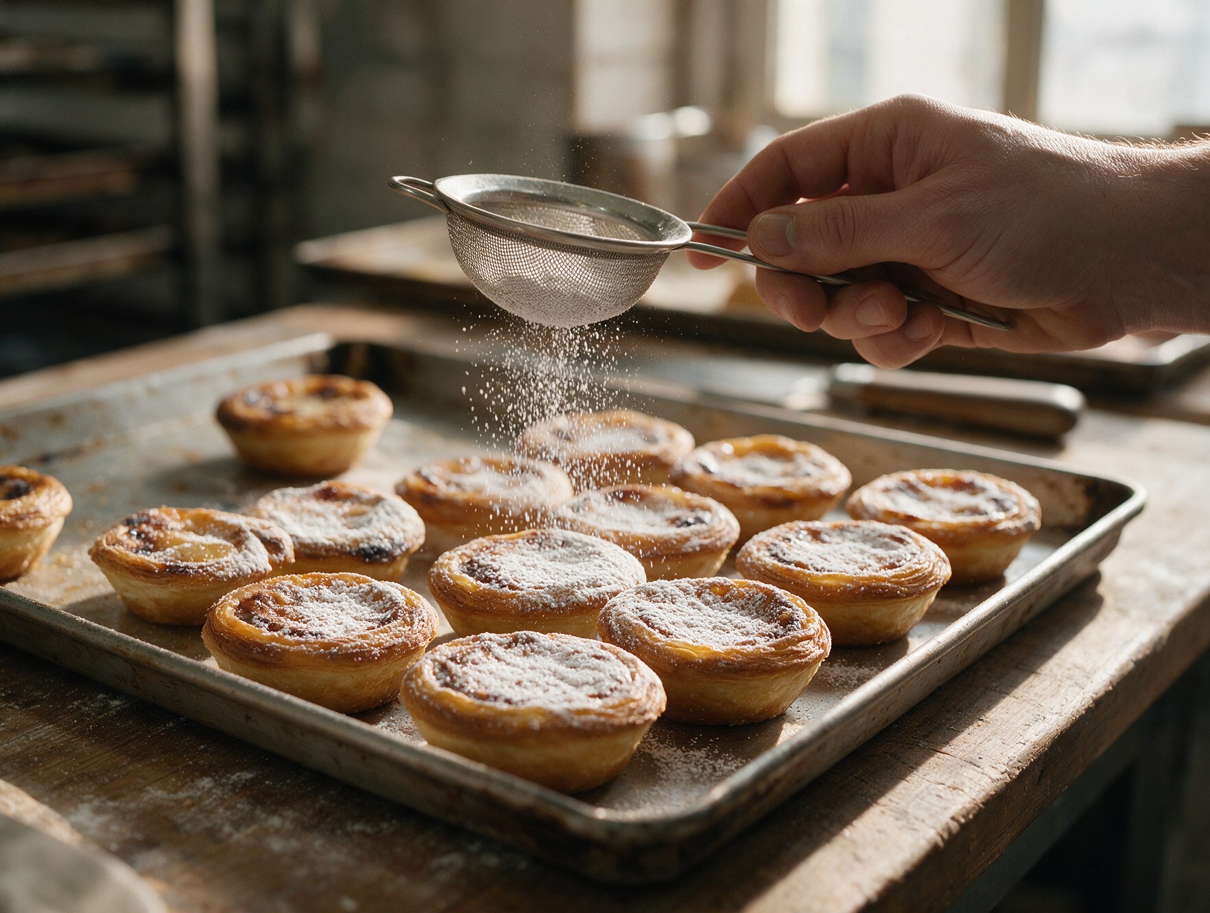 Pastéis de chícharo a receber açúcar em pó, finalizados à mão